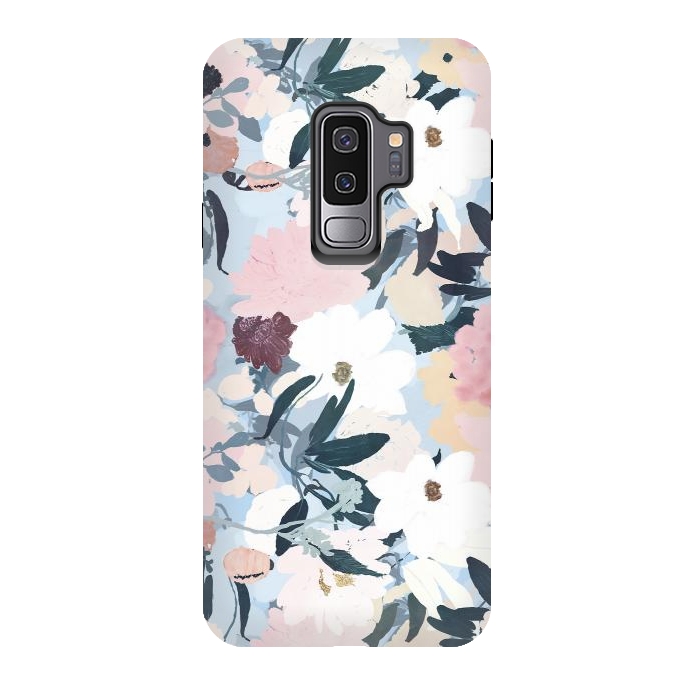 Galaxy S9 plus StrongFit Pretty Grayish Blue Watercolor Pink & White Floral Design by InovArts