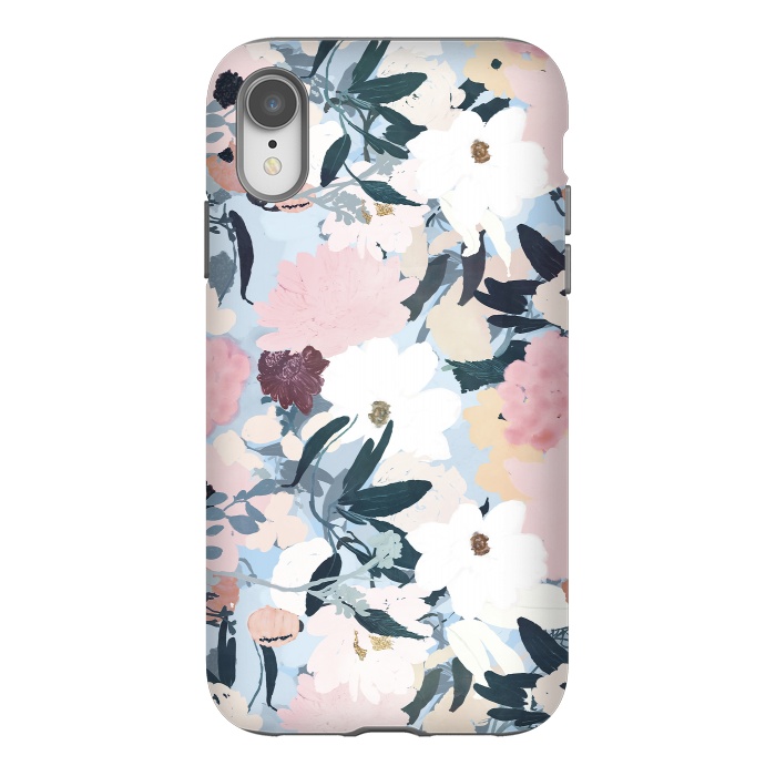 iPhone Xr StrongFit Pretty Grayish Blue Watercolor Pink & White Floral Design by InovArts