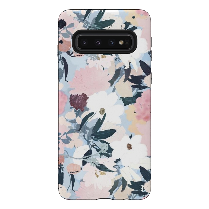 Galaxy S10 StrongFit Pretty Grayish Blue Watercolor Pink & White Floral Design by InovArts