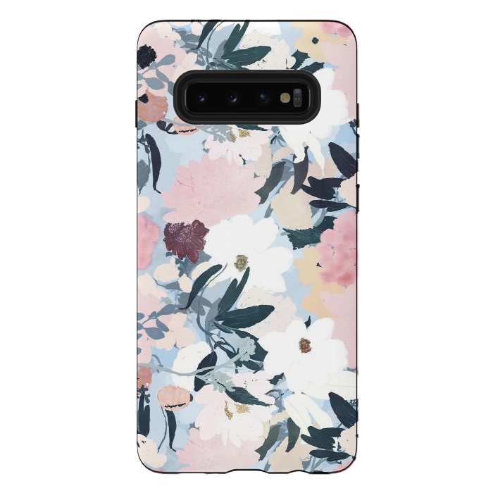 Galaxy S10 plus StrongFit Pretty Grayish Blue Watercolor Pink & White Floral Design by InovArts