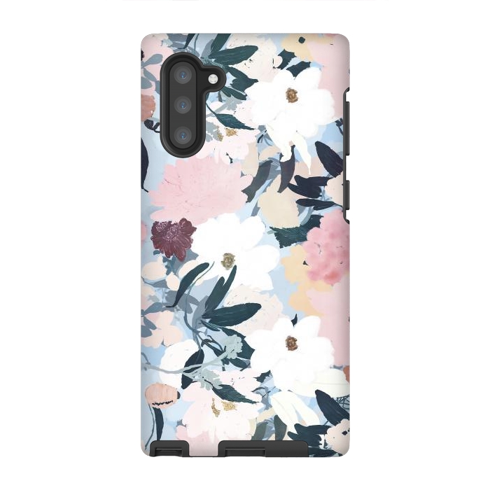 Galaxy Note 10 StrongFit Pretty Grayish Blue Watercolor Pink & White Floral Design by InovArts
