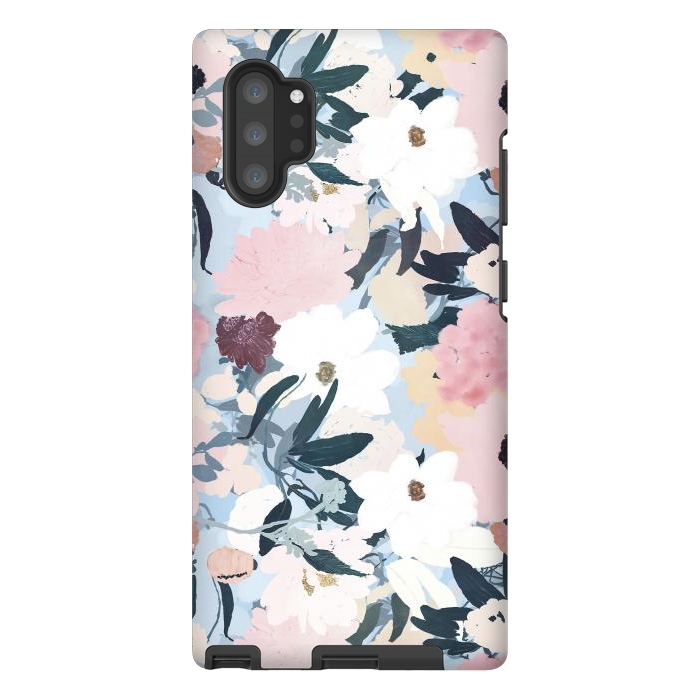Galaxy Note 10 plus StrongFit Pretty Grayish Blue Watercolor Pink & White Floral Design by InovArts
