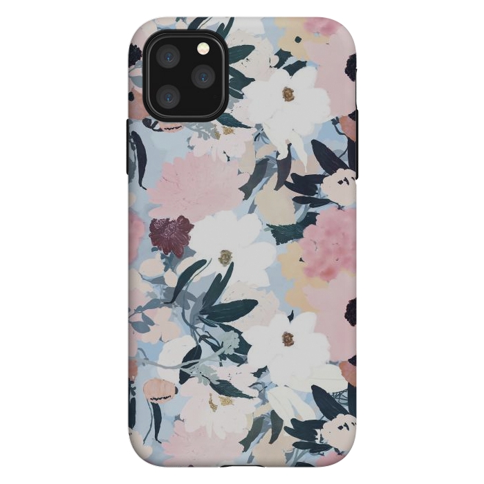 iPhone 11 Pro Max StrongFit Pretty Grayish Blue Watercolor Pink & White Floral Design by InovArts