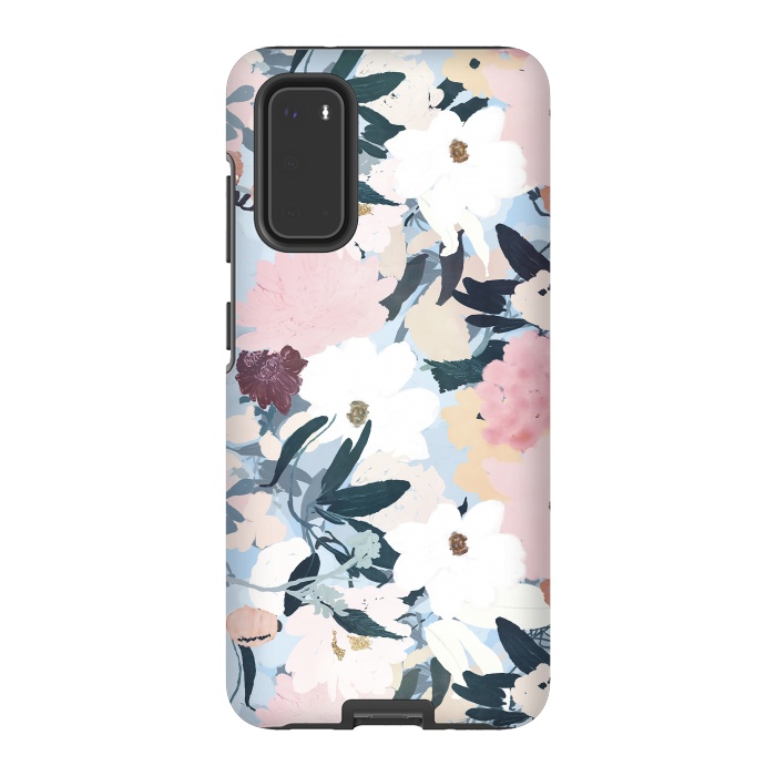 Galaxy S20 StrongFit Pretty Grayish Blue Watercolor Pink & White Floral Design by InovArts