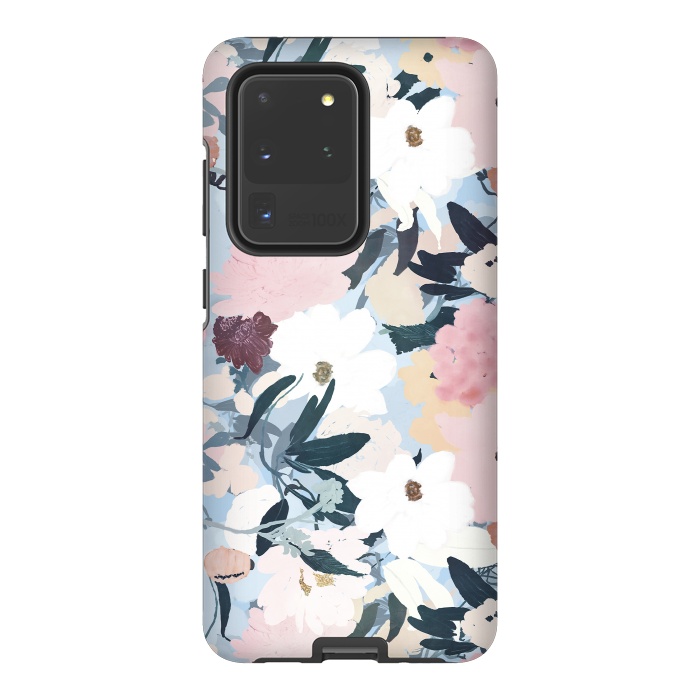 Galaxy S20 Ultra StrongFit Pretty Grayish Blue Watercolor Pink & White Floral Design by InovArts