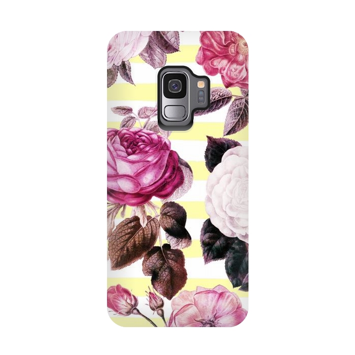 Galaxy S9 StrongFit Vintage romantic roses and bright yellow stripes by Oana 