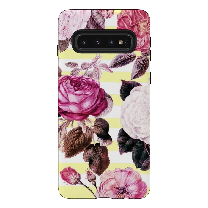 Galaxy S10 StrongFit Vintage romantic roses and bright yellow stripes by Oana 