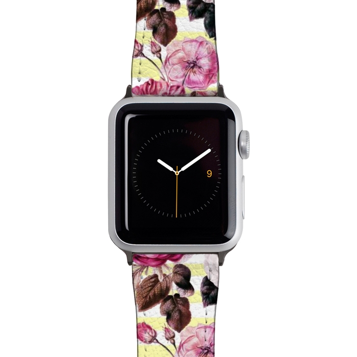 Watch 42mm / 44mm Strap PU leather Vintage romantic roses and bright yellow stripes by Oana 