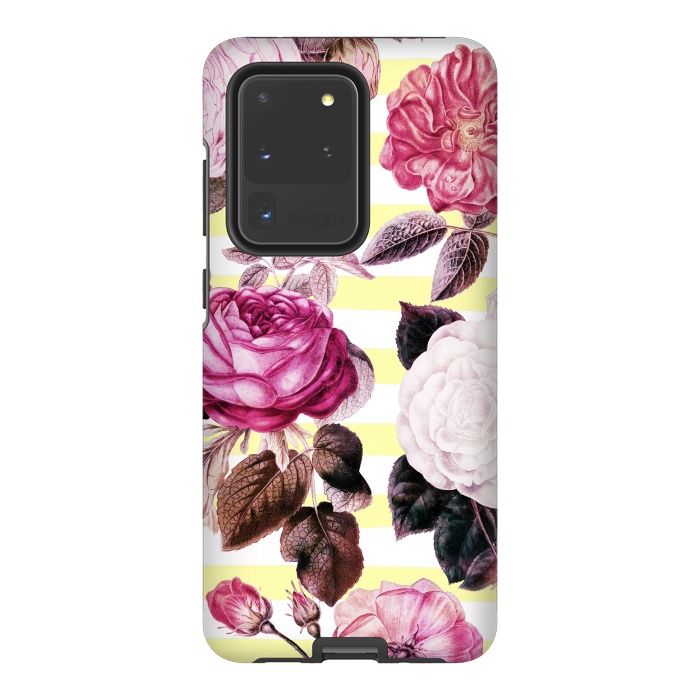 Galaxy S20 Ultra StrongFit Vintage romantic roses and bright yellow stripes by Oana 
