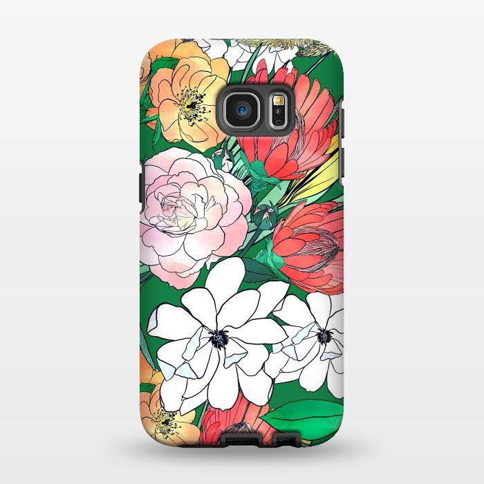 Galaxy S7 EDGE StrongFit Colorful Hand Drawn Flowers Green Girly Design by InovArts