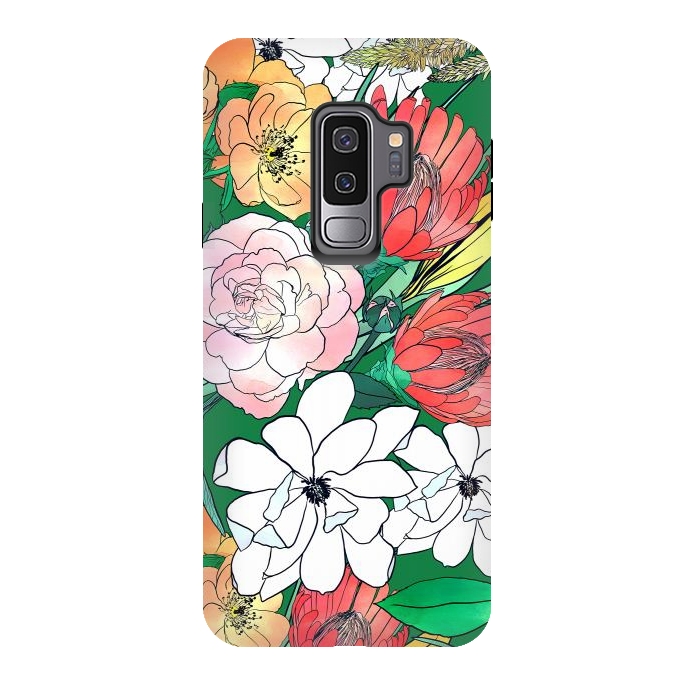 Galaxy S9 plus StrongFit Colorful Hand Drawn Flowers Green Girly Design by InovArts