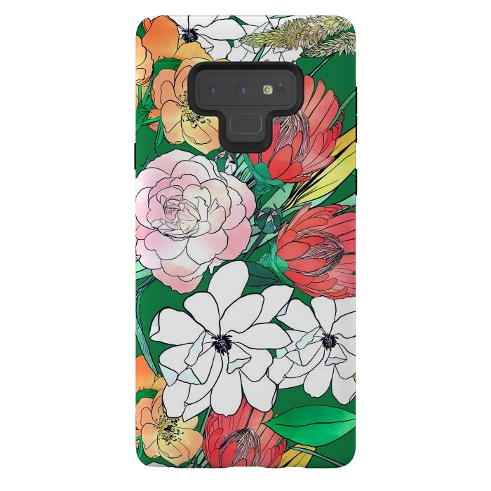 Galaxy Note 9 StrongFit Colorful Hand Drawn Flowers Green Girly Design by InovArts
