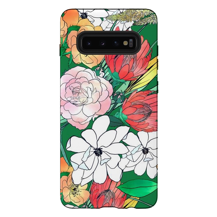 Galaxy S10 plus StrongFit Colorful Hand Drawn Flowers Green Girly Design by InovArts