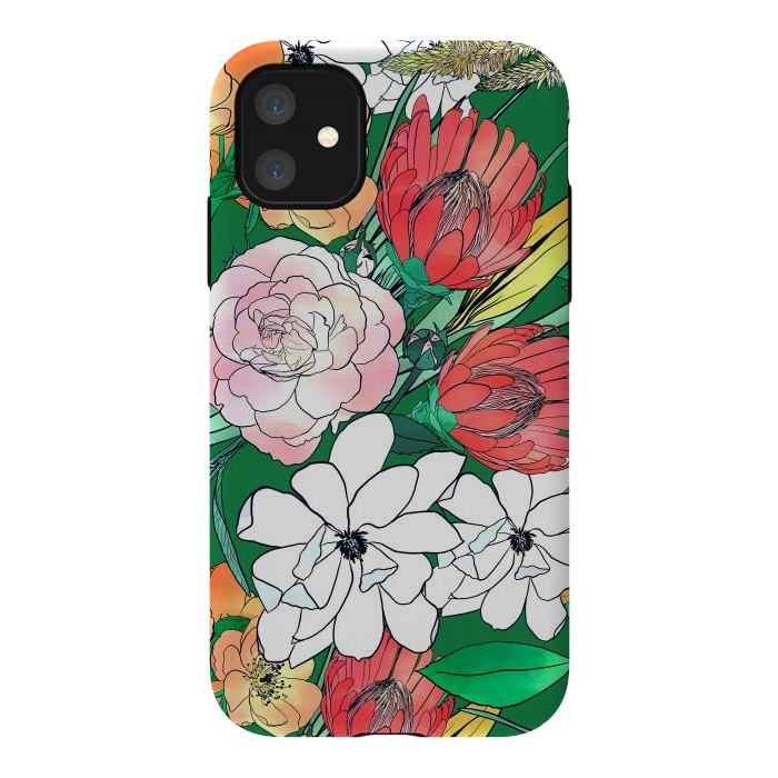 iPhone 11 StrongFit Colorful Hand Drawn Flowers Green Girly Design by InovArts
