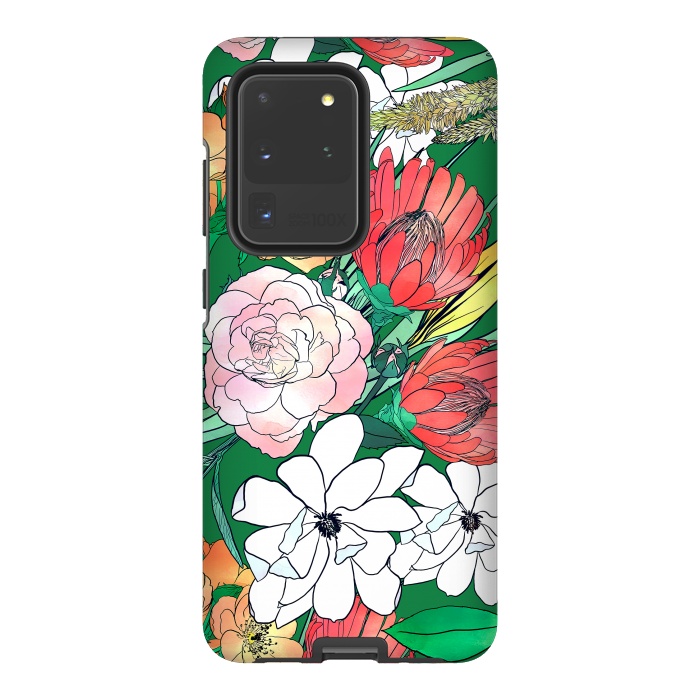 Galaxy S20 Ultra StrongFit Colorful Hand Drawn Flowers Green Girly Design by InovArts