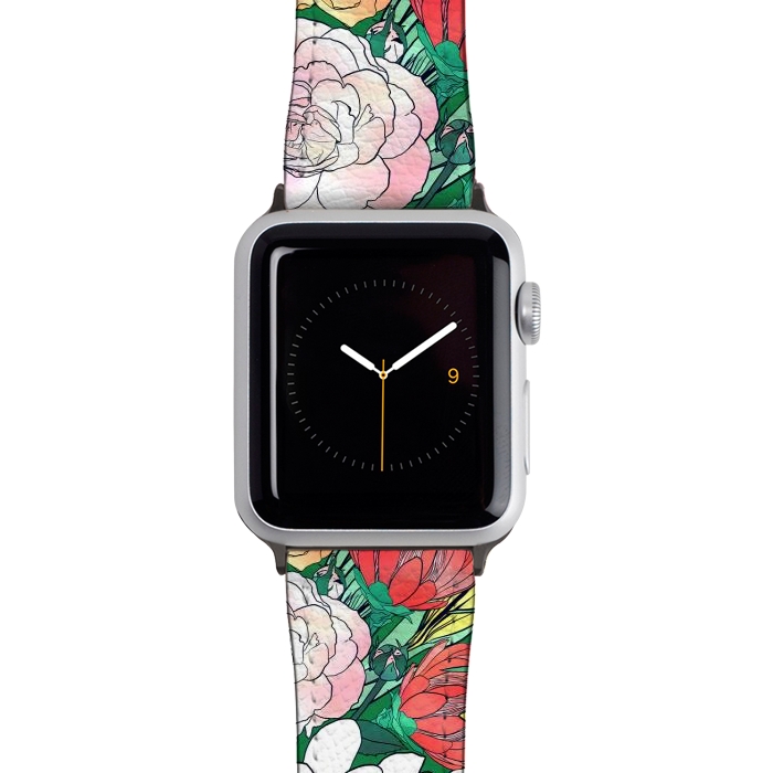 Watch 38mm / 40mm Strap PU leather Colorful Hand Drawn Flowers Green Girly Design by InovArts