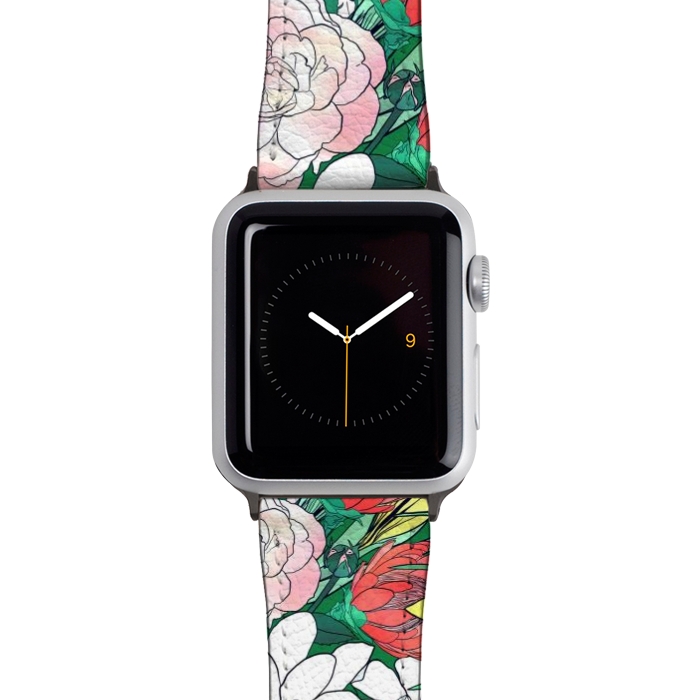 Watch 42mm / 44mm Strap PU leather Colorful Hand Drawn Flowers Green Girly Design by InovArts