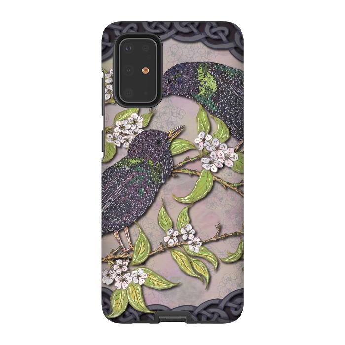Galaxy S20 Plus StrongFit Celtic Starlings in Blossom by Lotti Brown