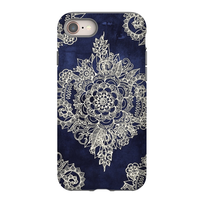 iPhone 8 StrongFit Cream Floral Moroccan Pattern on Deep Indigo Ink by Micklyn Le Feuvre