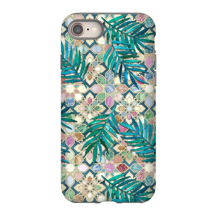iPhone 8 StrongFit Muted Moroccan Mosaic Tiles with Palm Leaves by Micklyn Le Feuvre