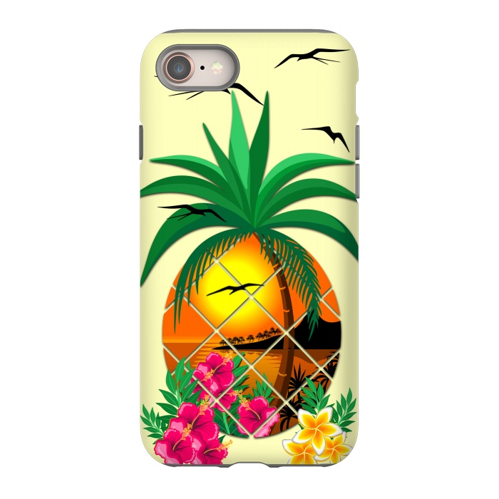 iPhone 8 StrongFit Pineapple Tropical Sunset, Palm Tree and Flowers by BluedarkArt