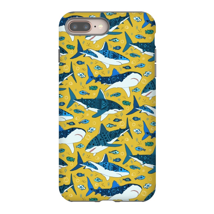 iPhone 8 plus StrongFit Tribal Sharks & Fish On Mustard by Tigatiga