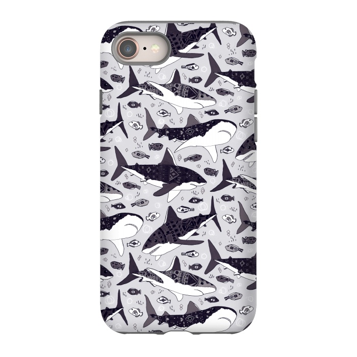 iPhone 8 StrongFit Black & White Tribal Sharks & Fish  by Tigatiga