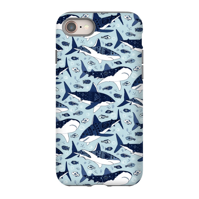 iPhone 8 StrongFit Tribal Sharks & Fish On Baby Blue  by Tigatiga