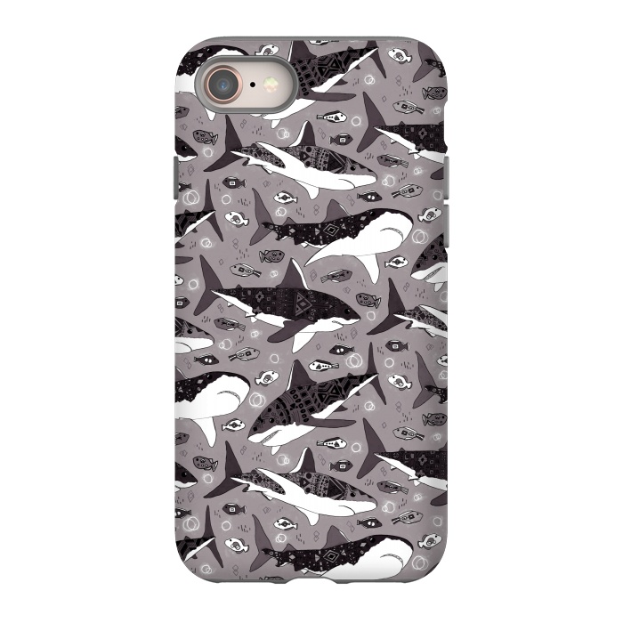 iPhone 8 StrongFit Tribal Sharks & Fish On Grey  by Tigatiga