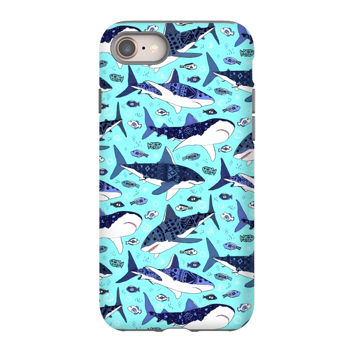 iPhone 8 StrongFit Tribal Sharks & Fish On Aqua by Tigatiga