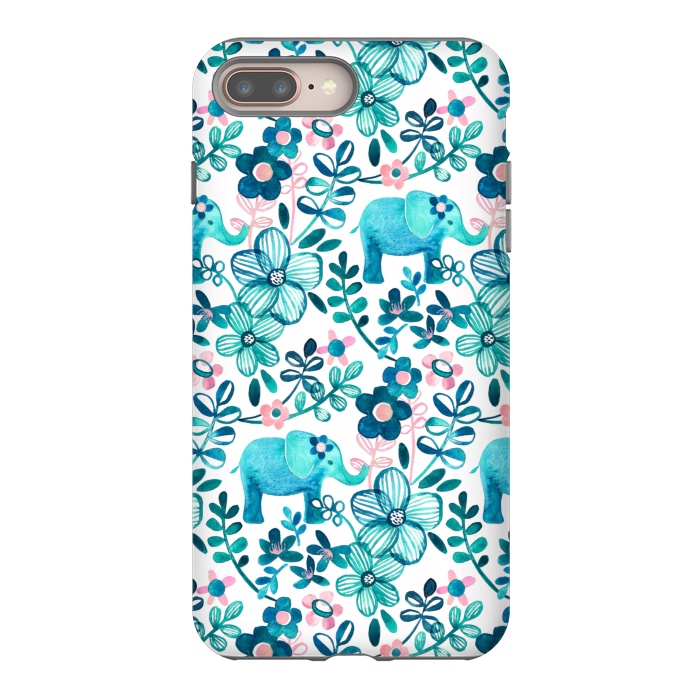 iPhone 8 plus StrongFit Little Teal Elephant Watercolor Floral on White by Micklyn Le Feuvre