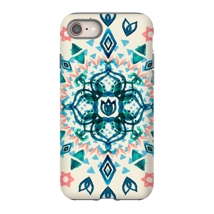 iPhone 8 StrongFit Watercolor Lotus Mandala in Teal & Salmon Pink by Micklyn Le Feuvre