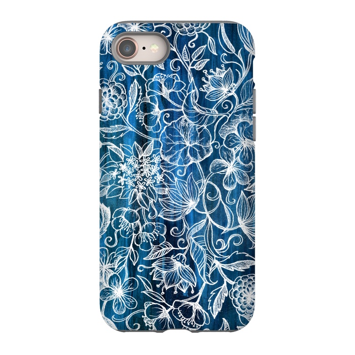 iPhone 8 StrongFit In Her Garden - white floral drawing on blue by Micklyn Le Feuvre