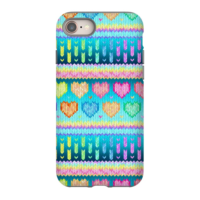 iPhone 8 StrongFit Cozy Knit with Rainbow Hearts on Teal Blue by Micklyn Le Feuvre