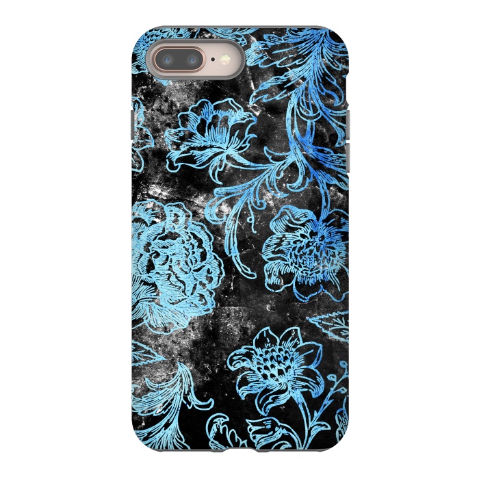 iPhone 8 plus StrongFit Blue line art flowers on black marble by Oana 