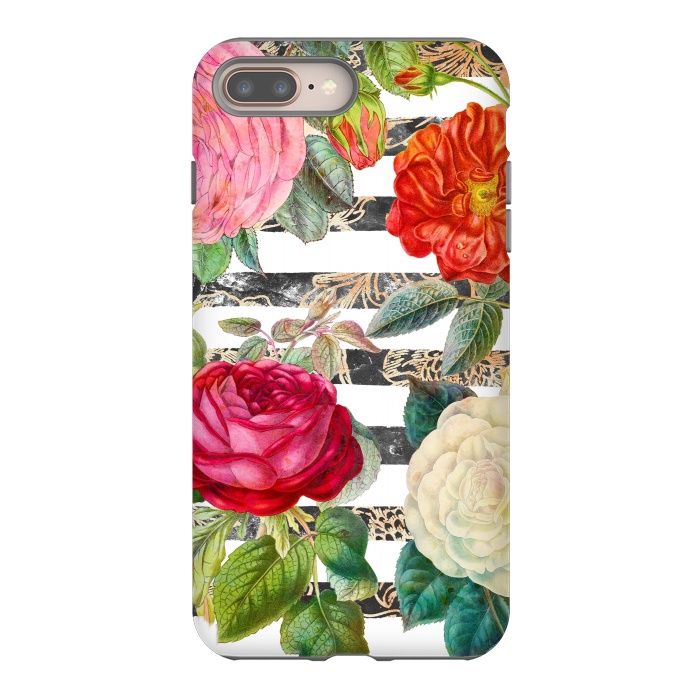 iPhone 8 plus StrongFit Vibrant romantic botanical flowers and white stripes by Oana 
