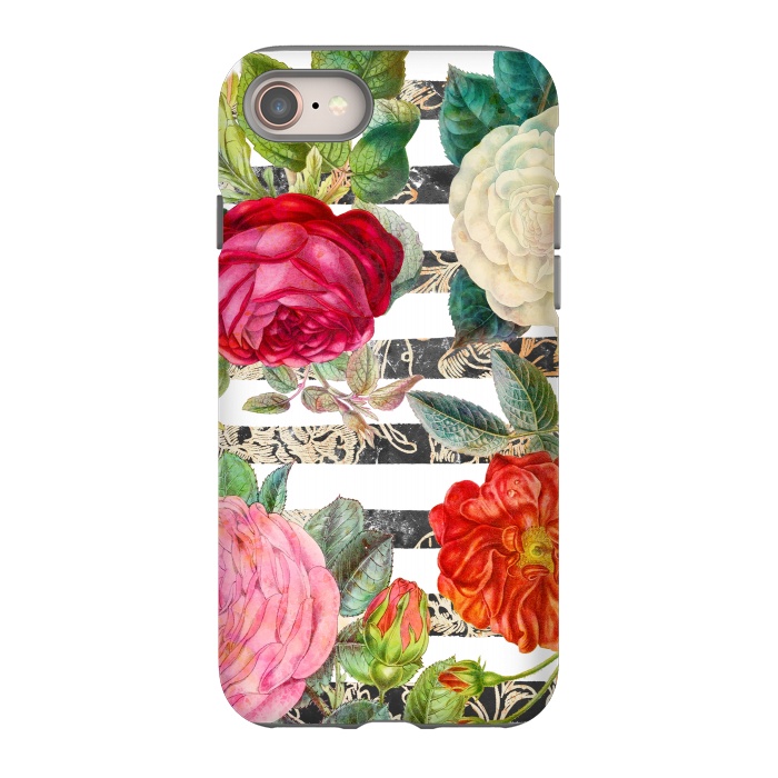 iPhone 8 StrongFit Colorful roses botanical illustration on white stripes by Oana 