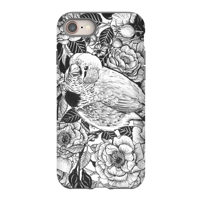 iPhone 8 StrongFit Zebra finch and rose bush ink drawing by Katerina Kirilova