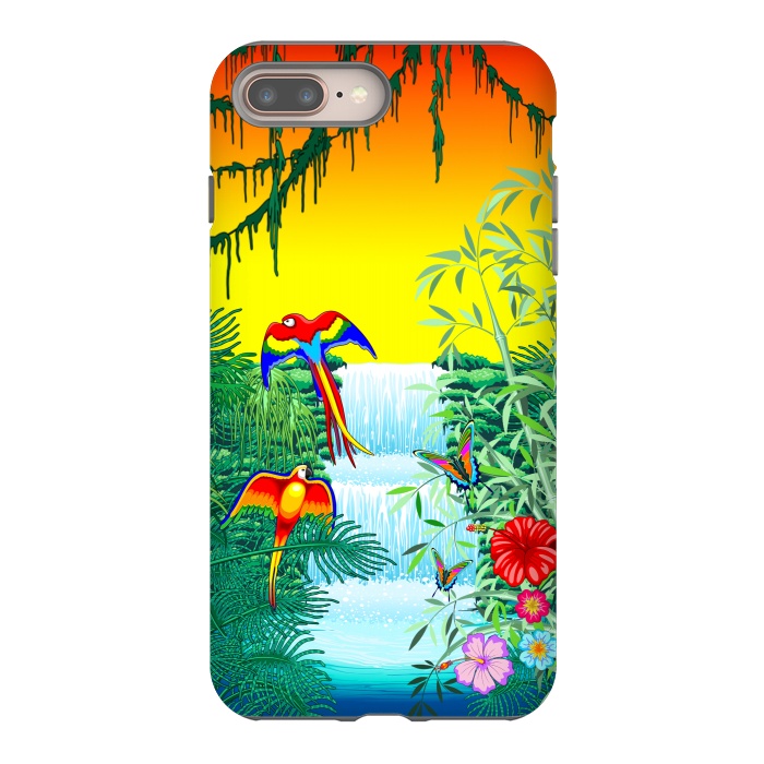 iPhone 8 plus StrongFit Waterfall Macaws and Butterflies on Exotic Landscape by BluedarkArt