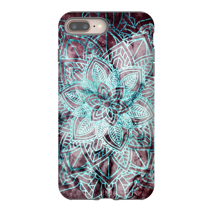 iPhone 8 plus StrongFit Blue metallic floral mandala on dark cherry red marble by Oana 