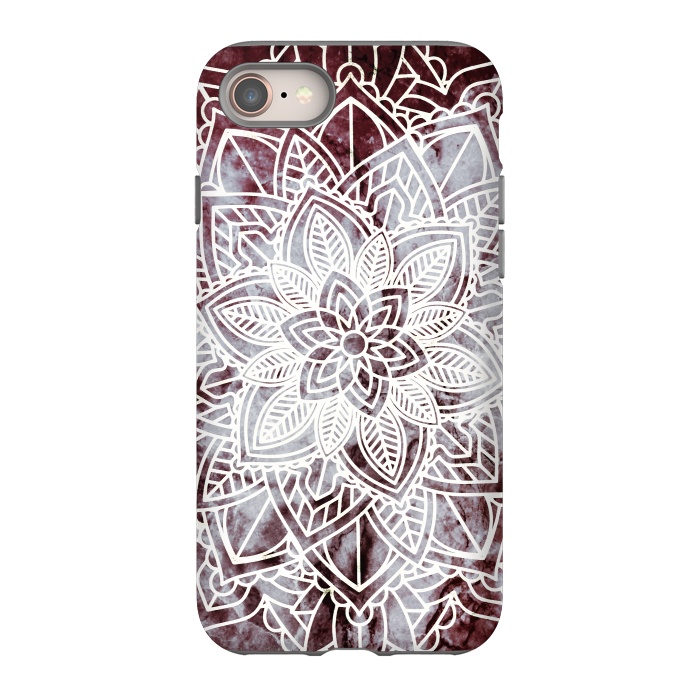 iPhone 8 StrongFit white line art floral mandala on burgundy marble by Oana 