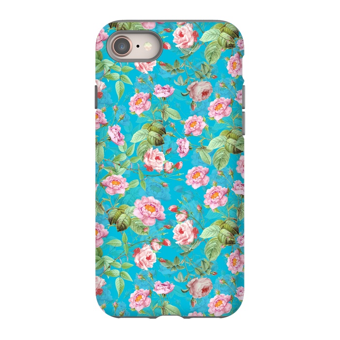 iPhone 8 StrongFit Blush Rose Garden on Teal - vintage flower drawing by  Utart