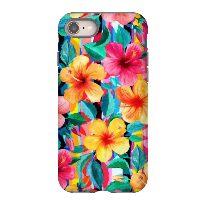 iPhone 8 StrongFit OTT Maximalist Hawaiian Hibiscus Floral with Stripes by Micklyn Le Feuvre