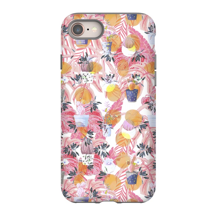 iPhone 8 StrongFit Cactus pots and pink tropical leaves pattern by Oana 