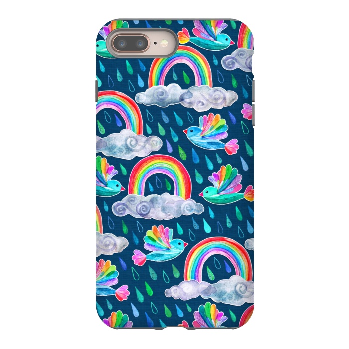 iPhone 8 plus StrongFit Watercolor Rainbow Birds on Navy by Micklyn Le Feuvre