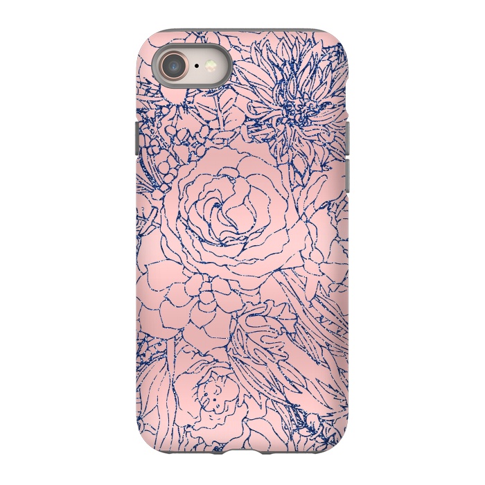 iPhone 8 StrongFit Stylish Metallic Navy Blue and Pink Floral Design by InovArts