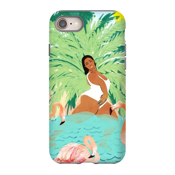 iPhone 8 StrongFit Tropical Summer Water Yoga with Palm & Flamingos | Woman of Color Black Woman Body Positivity by Uma Prabhakar Gokhale