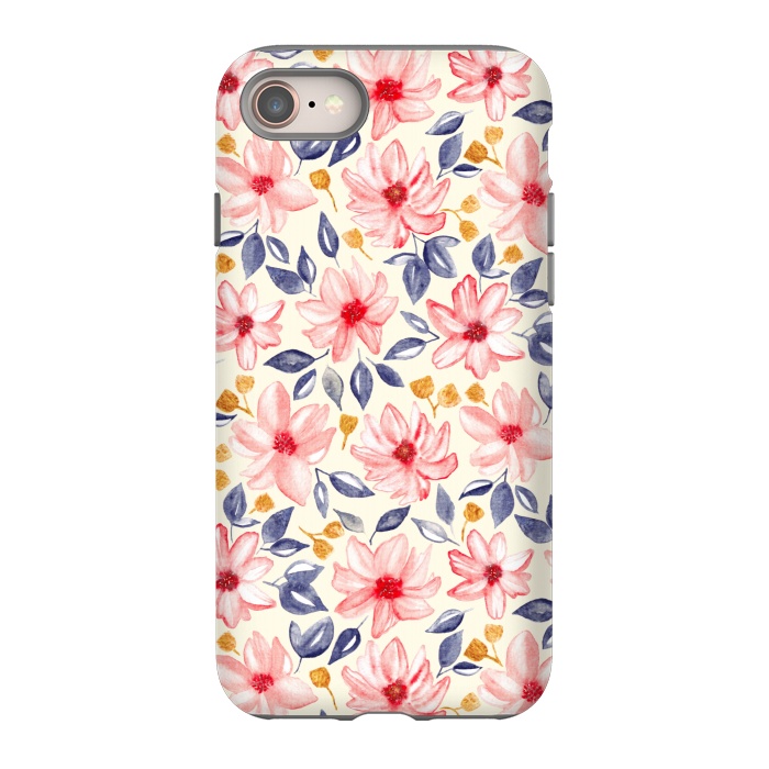 iPhone 8 StrongFit Navy, Gold & Pink Watercolor Floral - Cream  by Tigatiga