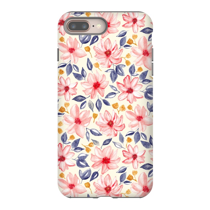iPhone 8 plus StrongFit Navy, Gold & Pink Watercolor Floral - Cream  by Tigatiga