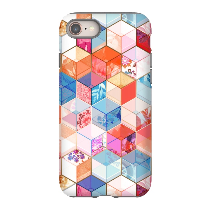 iPhone 8 StrongFit Coral, Cream and Cobalt Kaleidoscope Cubes by Micklyn Le Feuvre
